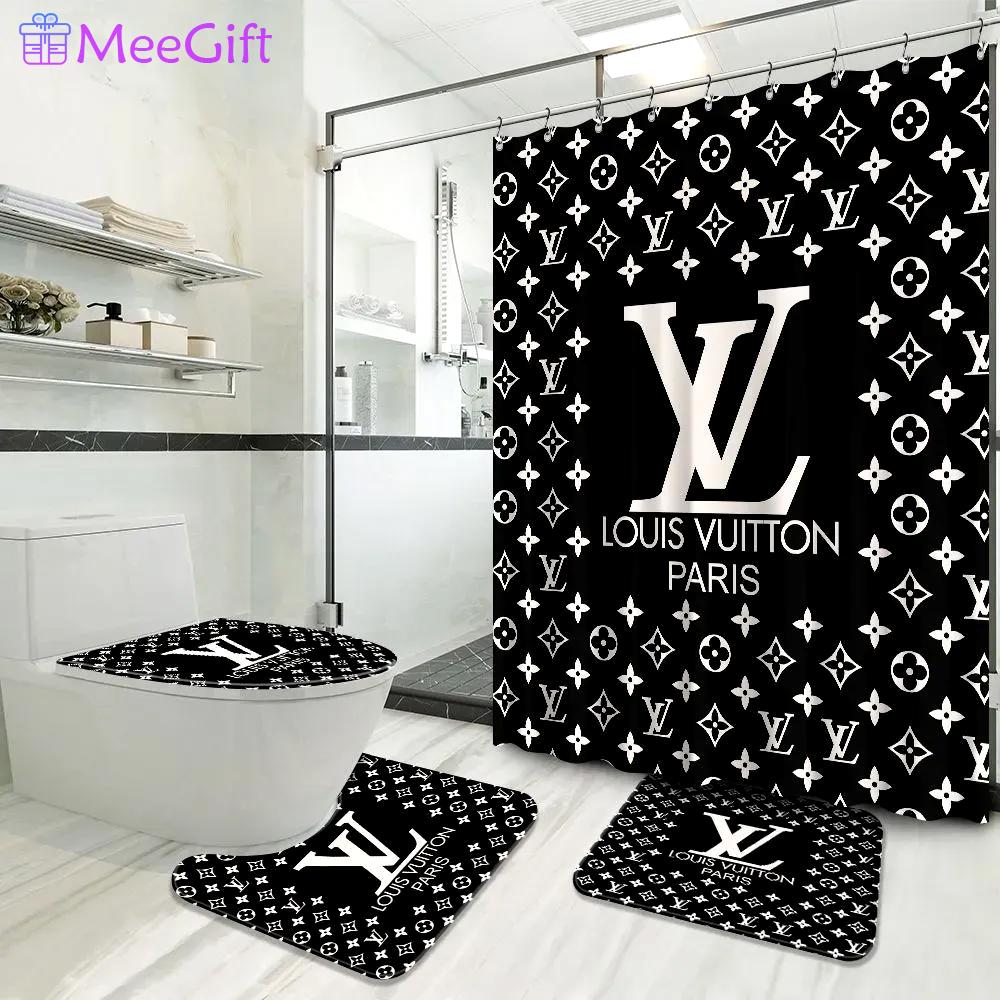Louis vuitton logo type 1497 Bathroom Accessory Sets Home Decor Pedestal Rug Waterproof Shower Curtain Toilet Cover Bath Mat Set Bathroom Sets Hypebeast Bathroom Luxury Fashion Brand