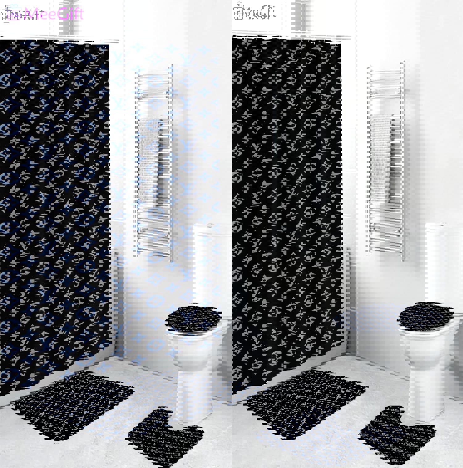 Louis vuitton lv blue logo type 1862 Bathroom Accessory Sets Bathroom Sets Home Decor Toilet Cover Luxury Fashion Brand Hypebeast Bathroom Pedestal Rug Bath Mat Set Waterproof Shower Curtain
