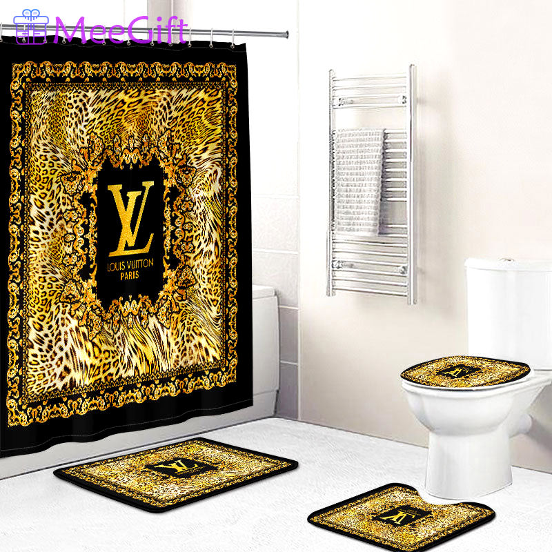 Louis vuitton lv gold logo type 1881 Bathroom Accessory Sets Pedestal Rug Hypebeast Bathroom Home Decor Waterproof Shower Curtain Toilet Cover Bathroom Sets Bath Mat Set Luxury Fashion Brand