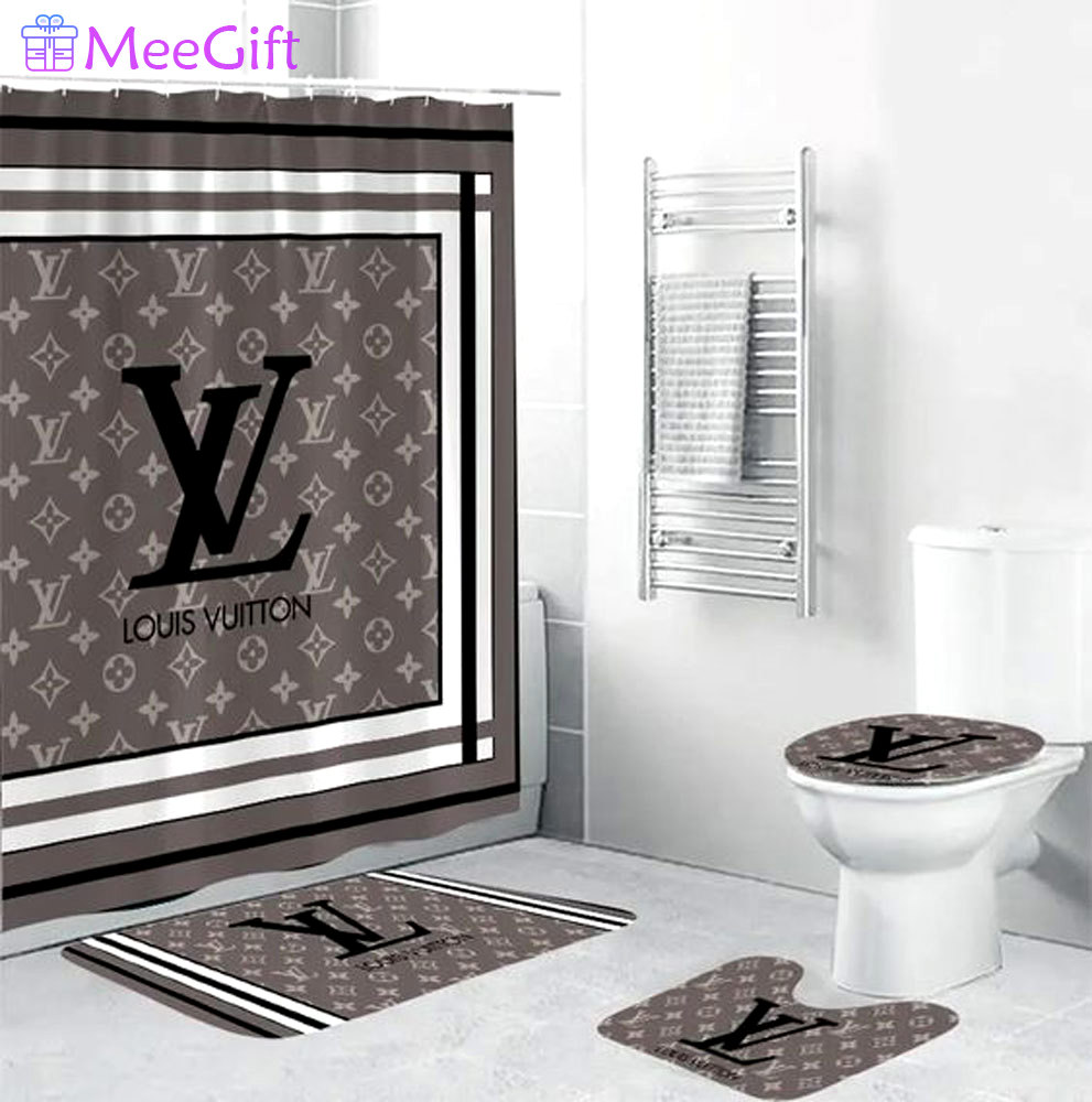 Louis vuitton lv logo type 1789 Bathroom Accessory Sets Bathroom Sets Luxury Fashion Brand Bath Mat Set Toilet Cover Pedestal Rug Hypebeast Bathroom Home Decor Waterproof Shower Curtain