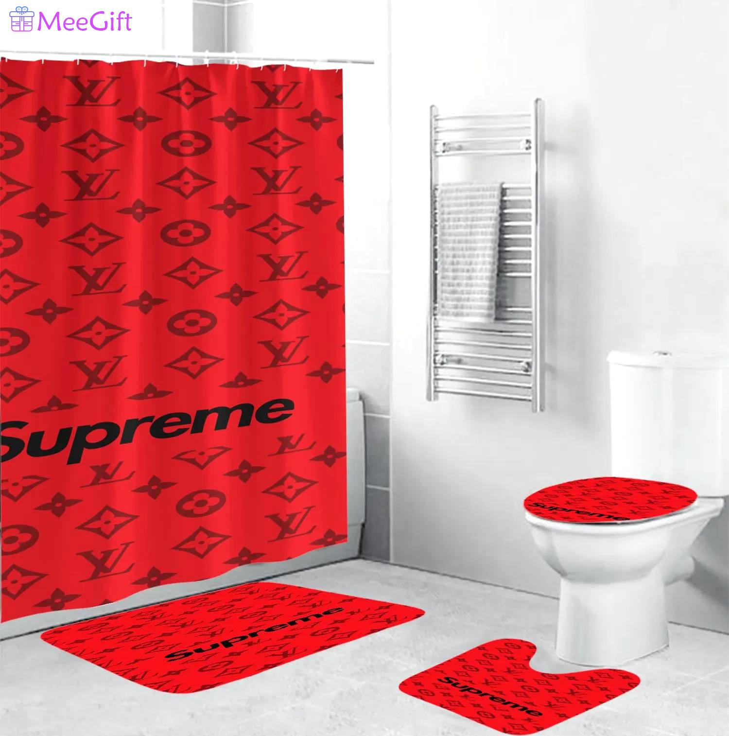 Louis vuitton lv louis vuitton supreme in red monogram background hypebeast bath mat luxury fashion brand bathroom sets home decor Bathroom Set