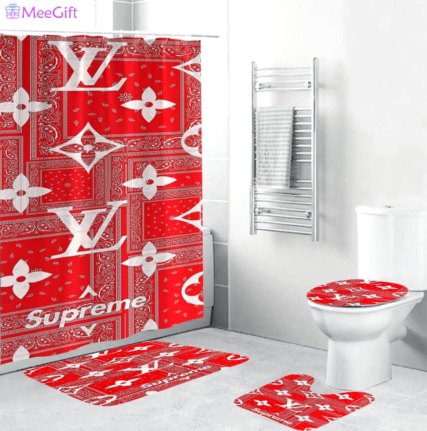 Louis vuitton lv louis vuitton supreme in red paisley pattern hypebeast home decor luxury fashion brand bathroom sets bath mat Bathroom Set