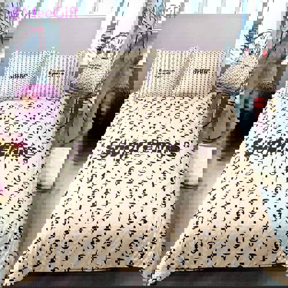 Louis vuitton supreme light yellow luxury brand logo premium bedding sets,bed sets, bedroom sets, comforter sets, duvet cover, bedspread Bedding Sets