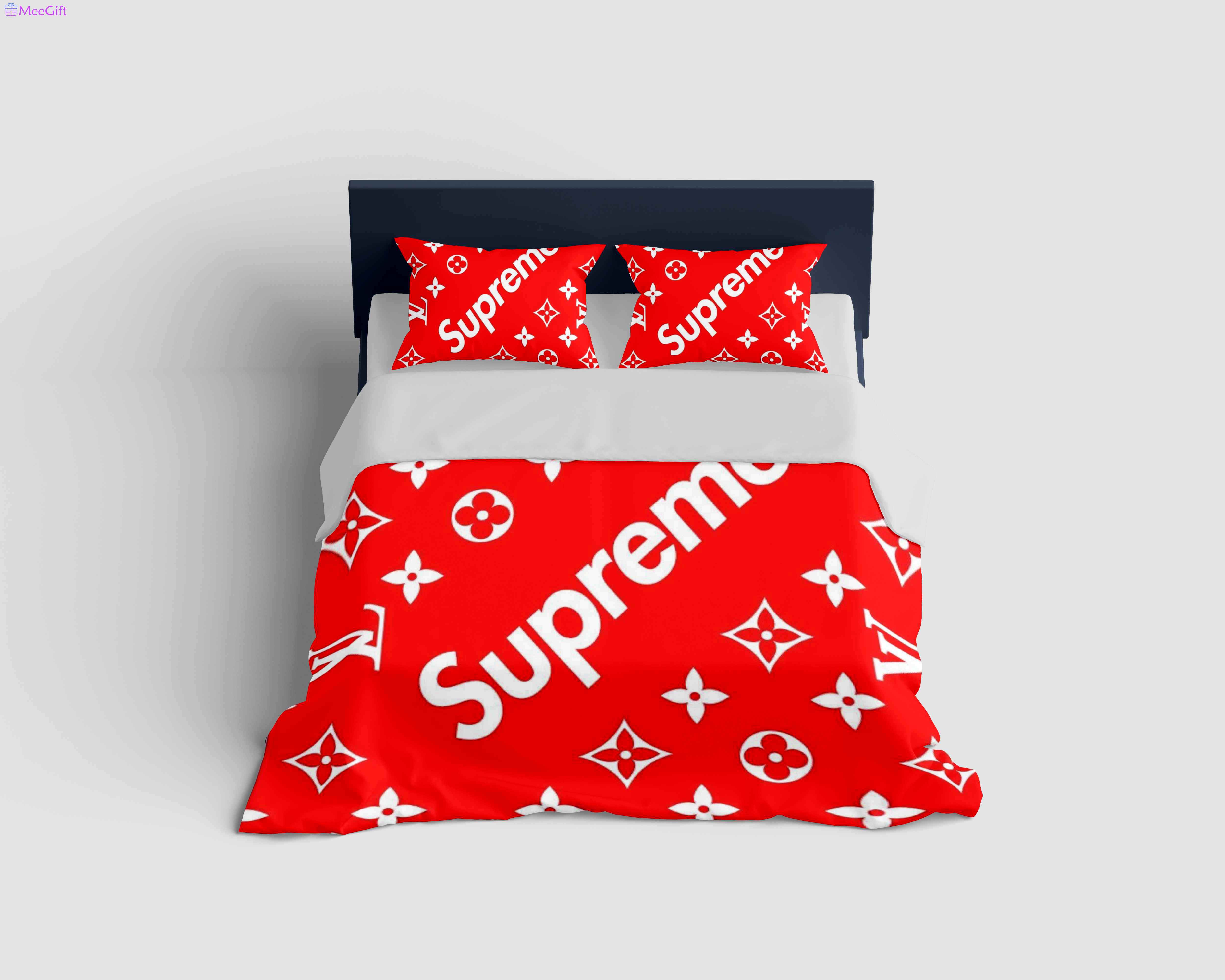 Louis vuitton supreme red logo type 154 Bedding Sets blankets bedspread home decor bedclothes covers premium fashion brand sheets bed linen luxury ideas hyperbeast Bedroom duvet