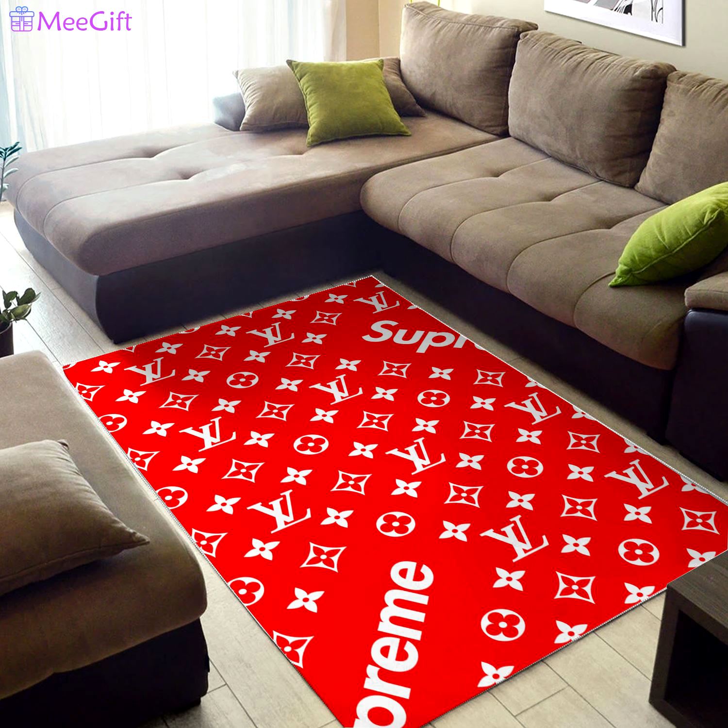 Louis vuitton supreme red logo type 637. Upgrade Your Living Room with Luxury Home Decor: Area Carpets, Floor Decor, Door Mats, and Hot Gift Items with style a High-End Fashion Brand Rectangle Rug