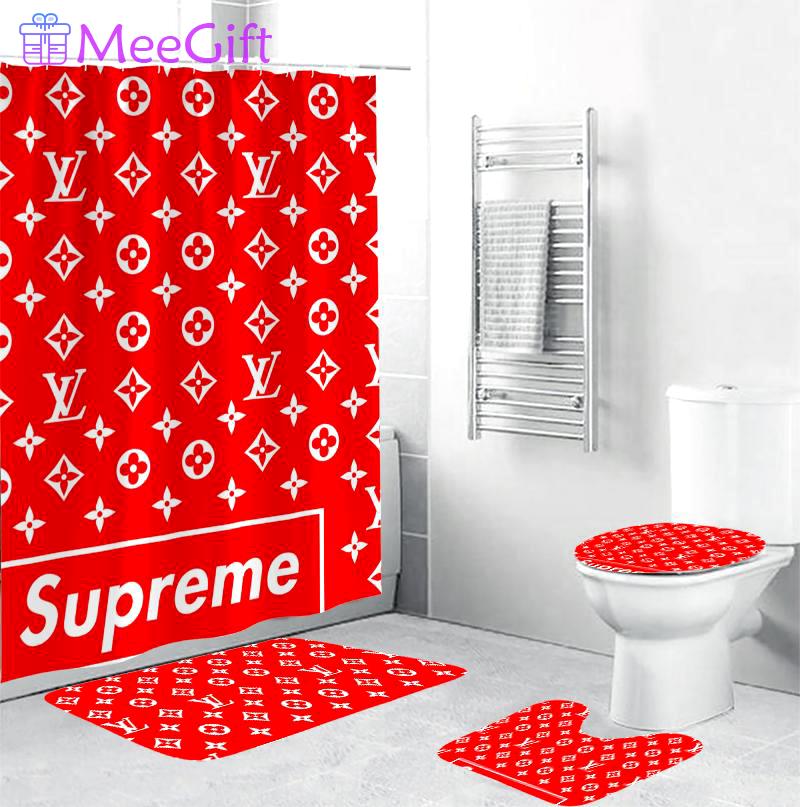 Louis vuitton supreme red luxury fashion brand bathroom sets bath mat hypebeast home decor Bathroom Set