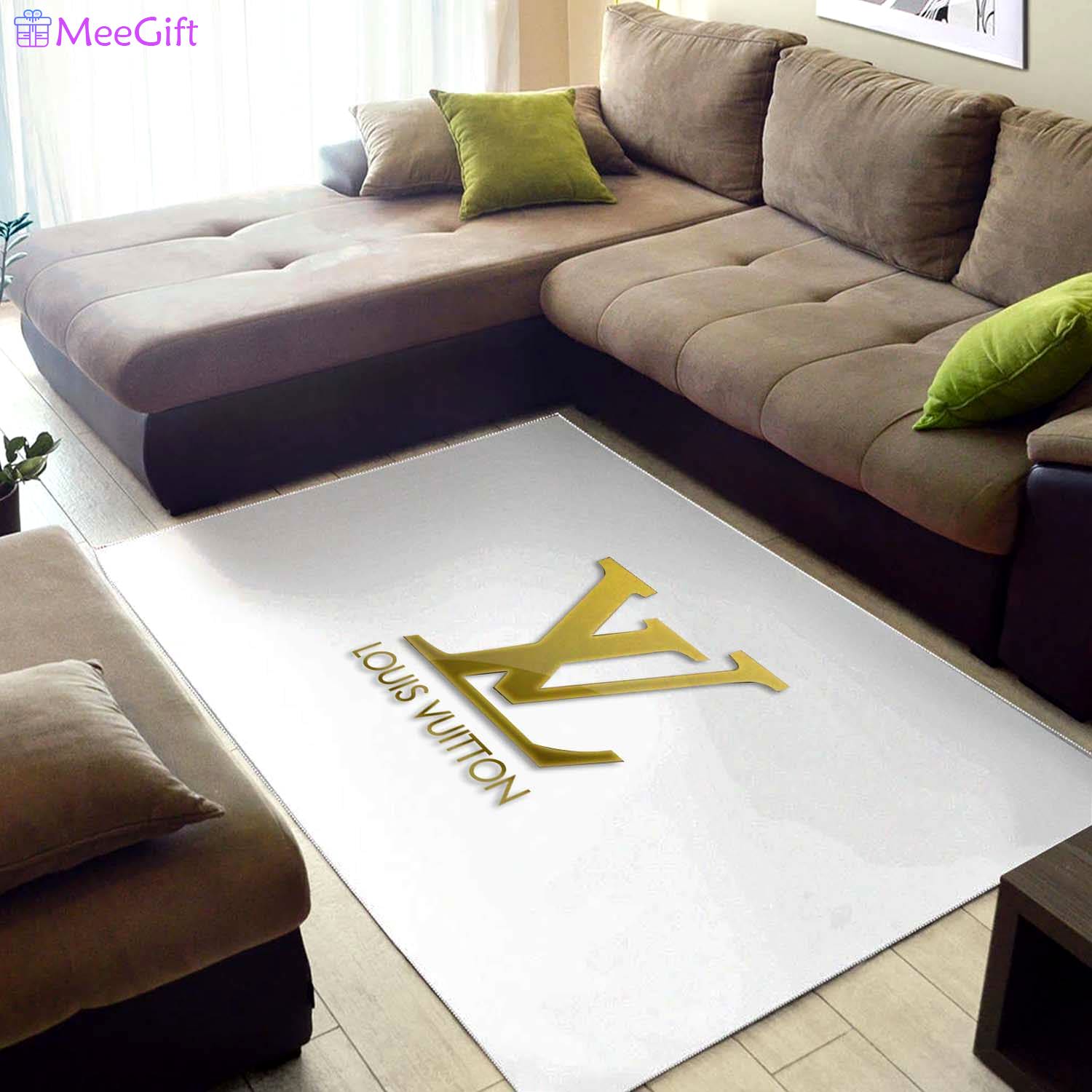 Louis vuitton with gold louis vuitton logo type 73. Upgrade Your Living Room with Luxury Home Decor: Area Carpets, Floor Decor, Door Mats, and Hot Gift Items with style a High-End Fashion Brand Rectangle Rug