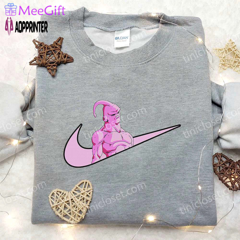 Majin buu x nike swoosh anime hoodie & dragon ball embroidered shirt nike inspired apparel Embroidered Shirt