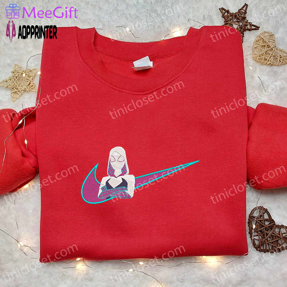 Marvel gwen stacy x nike swoosh cartoon embroidered tshirt – unique comic shirt with nike inspiration Embroidered Shirt