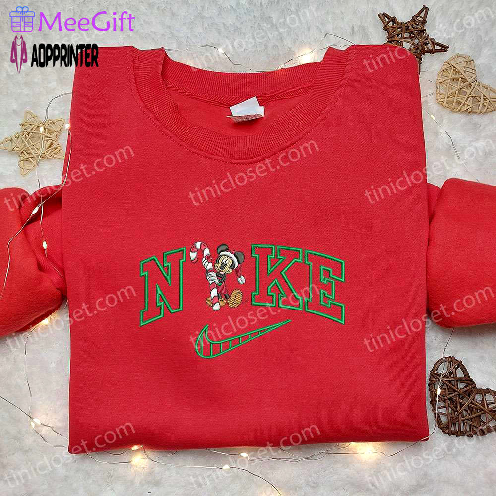 Mickey mouse candy cane xmas x nike embroidered tshirt – best christmas gift nike inspired shirt Embroidered Shirt