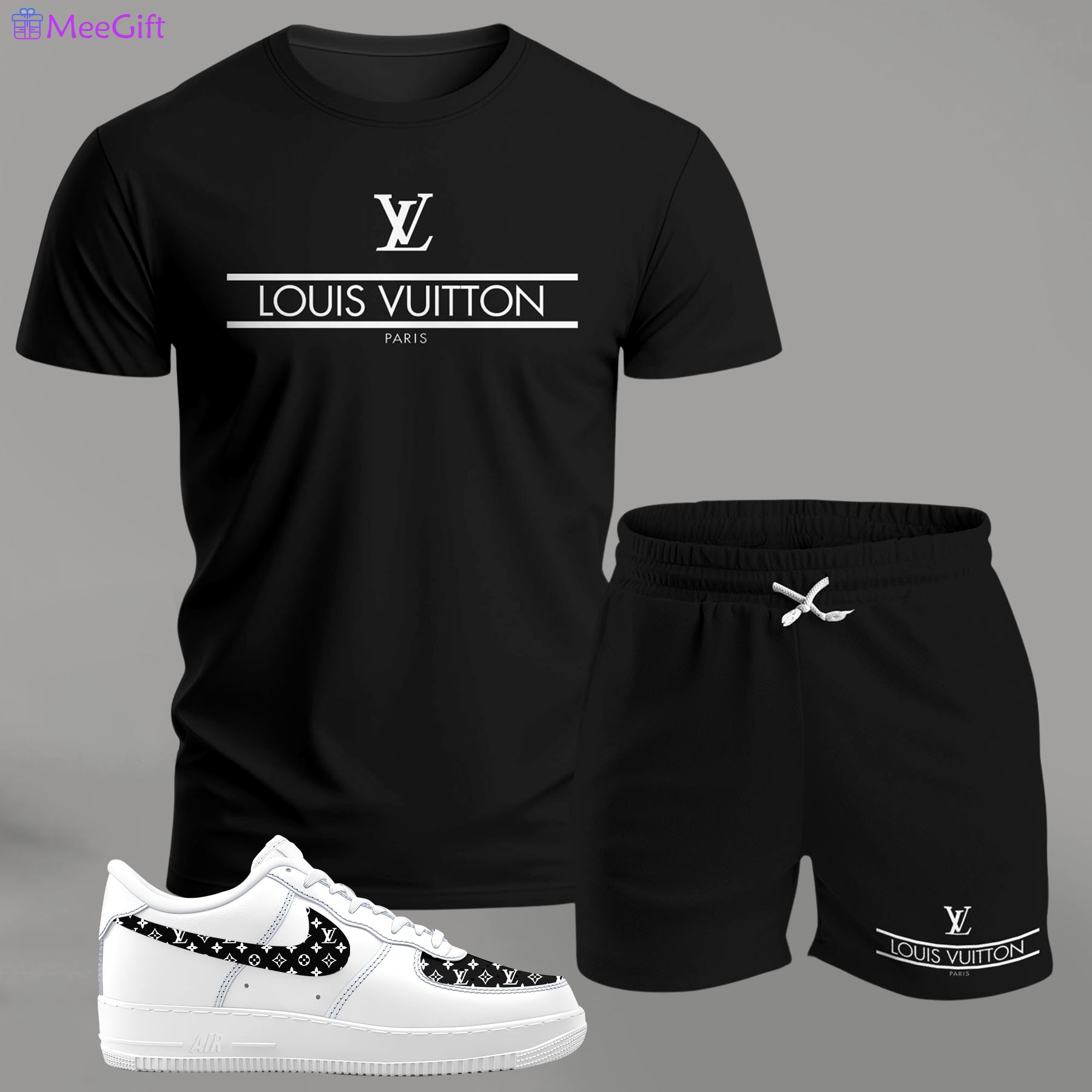 Minimal black logo set for men, clean typography t-shirt and shorts combo with monochrome sneakers T-Shirt Short Sneakers Set