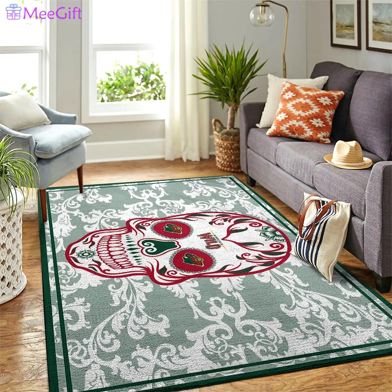 Minnesota wild nhl area rugs skull flower style living room regtangle carpet Rectangle Rug