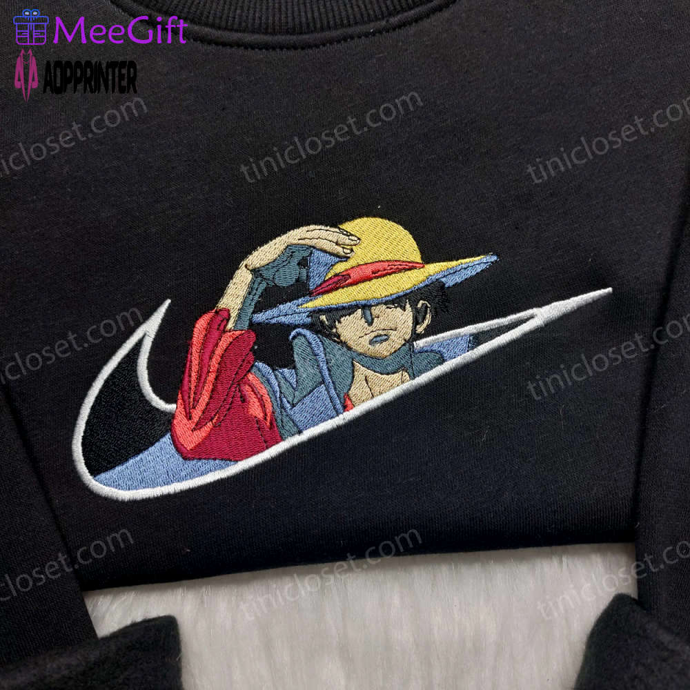 Monkey d luffy embroidered shirt one piece hoodie & custom nike swoosh sweatshirt: unique anime inspired clothing Embroidered Shirt