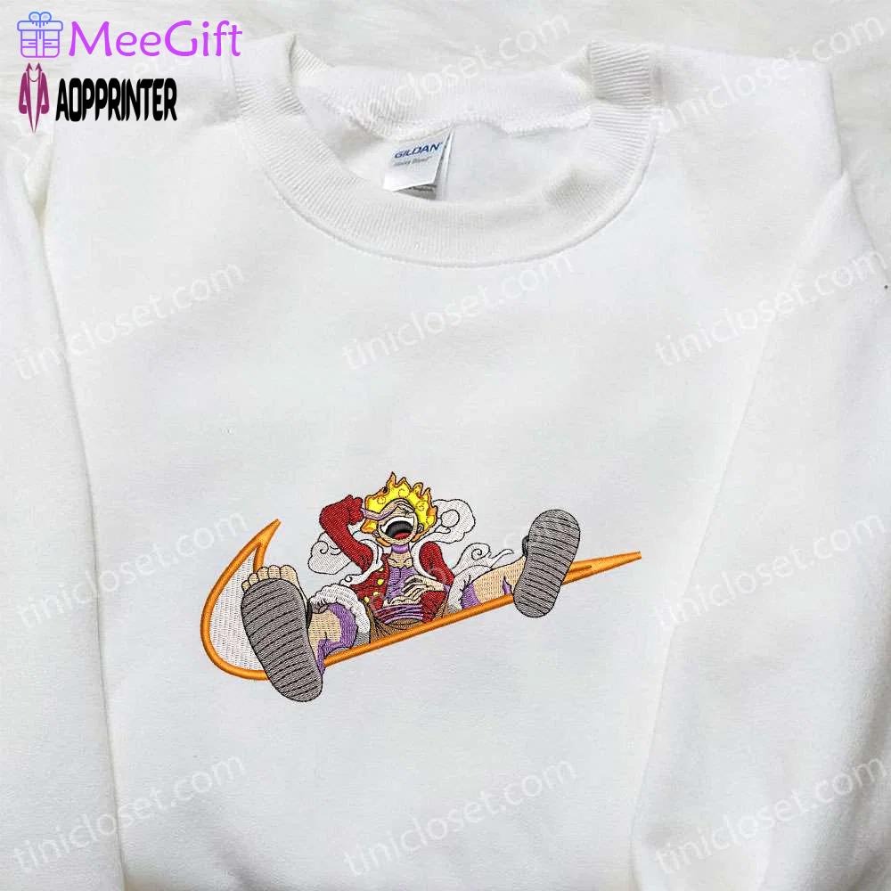 Monkey d luffy gear 5 x nike swoosh anime embroidered hoodie – one piece & nike inspired shirt Embroidered Shirt