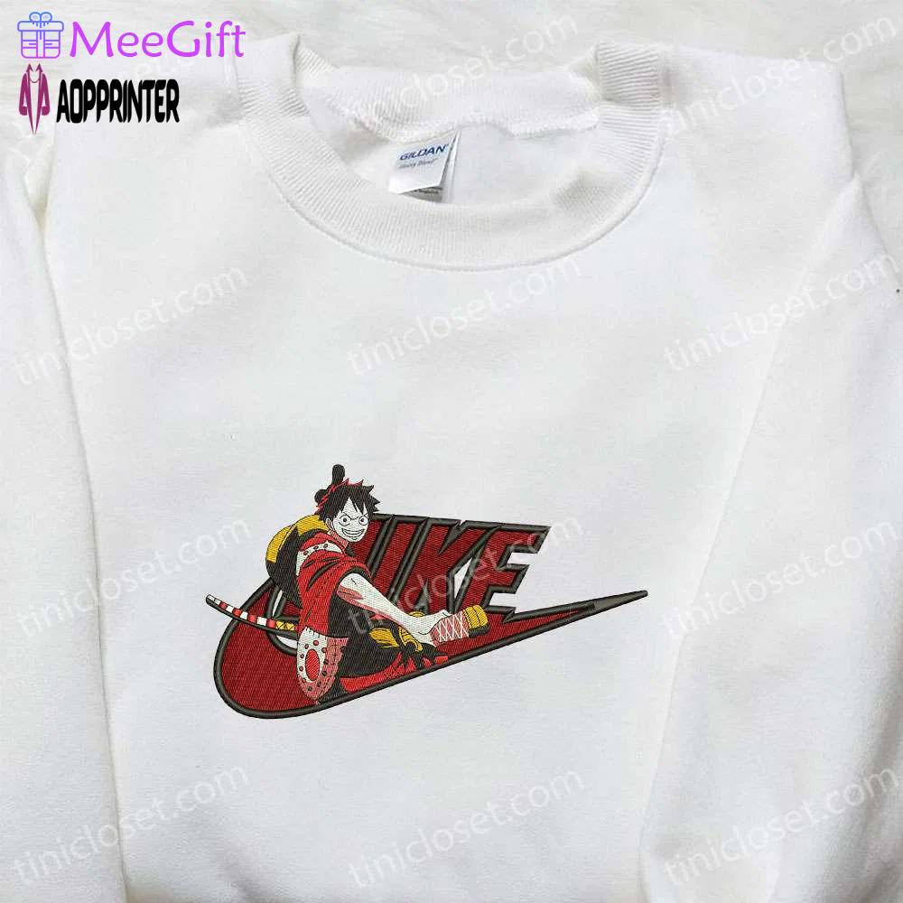 Monkey d luffy wano arc x nike embroidered anime tshirt – one piece & nike inspired shirt Embroidered Shirt