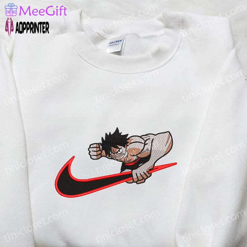 Monkey d luffy x nike swoosh anime embroidered sweatshirt: one piece & nike inspired shirt Embroidered Shirt