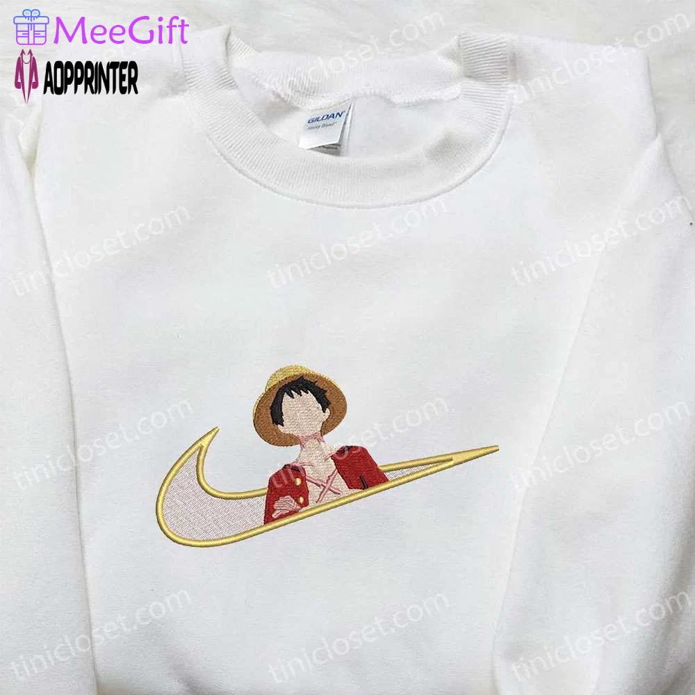 Monkey d luffy x nike swoosh anime embroidered tshirt – one piece & nike inspired shirt Embroidered Shirt