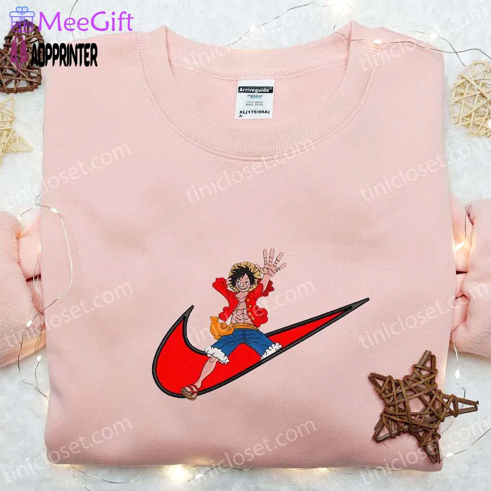Monkey d luffy x nike swoosh anime hoodie: one piece embroidered shirt nike inspired Embroidered Shirt