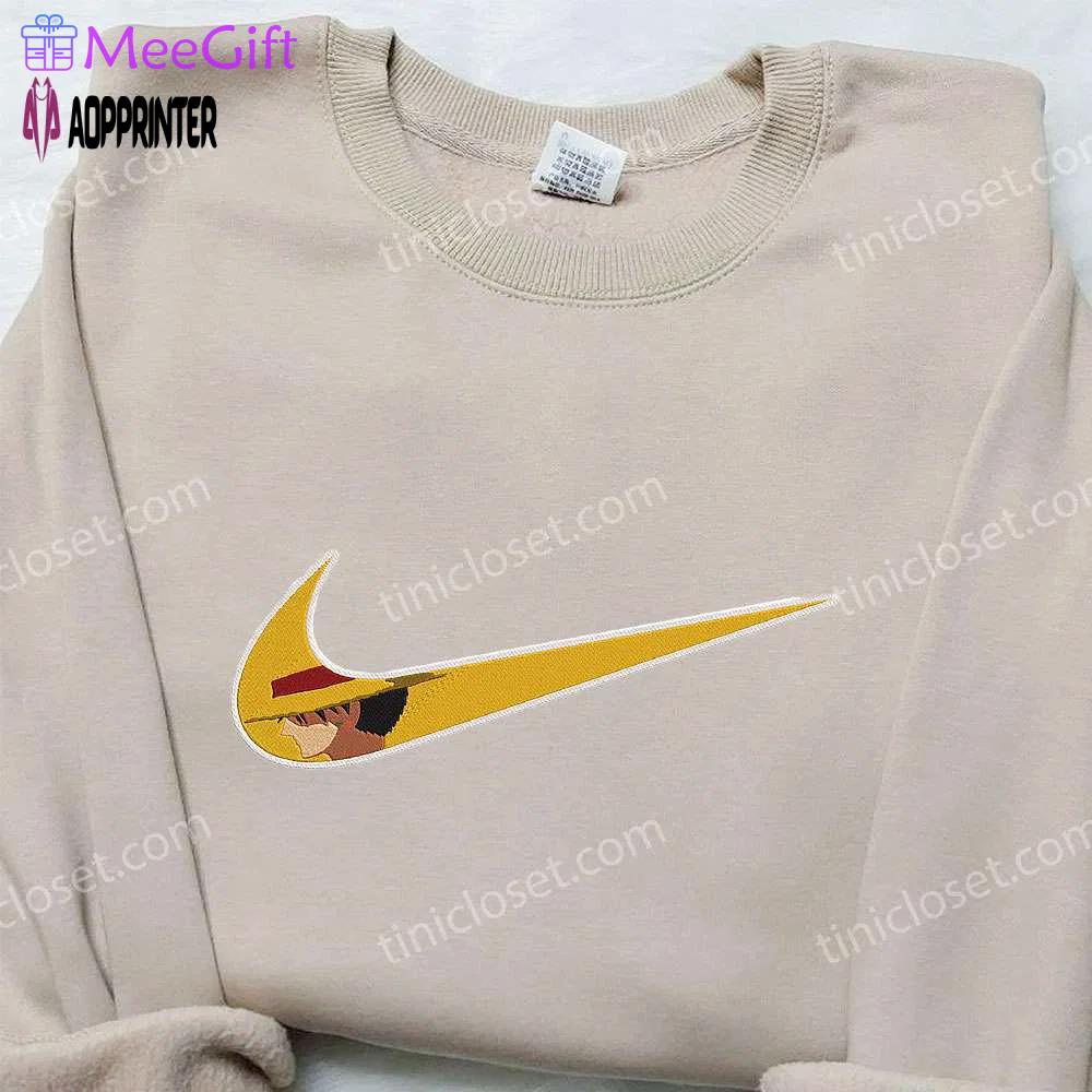 Monkey d luffy x nike swoosh hoodie: anime embroidered one piece & nike inspired shirt Embroidered Shirt