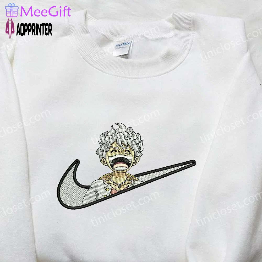 Monkey d luffy x nike swoosh shirt – one piece embroidered anime tee Embroidered Shirt