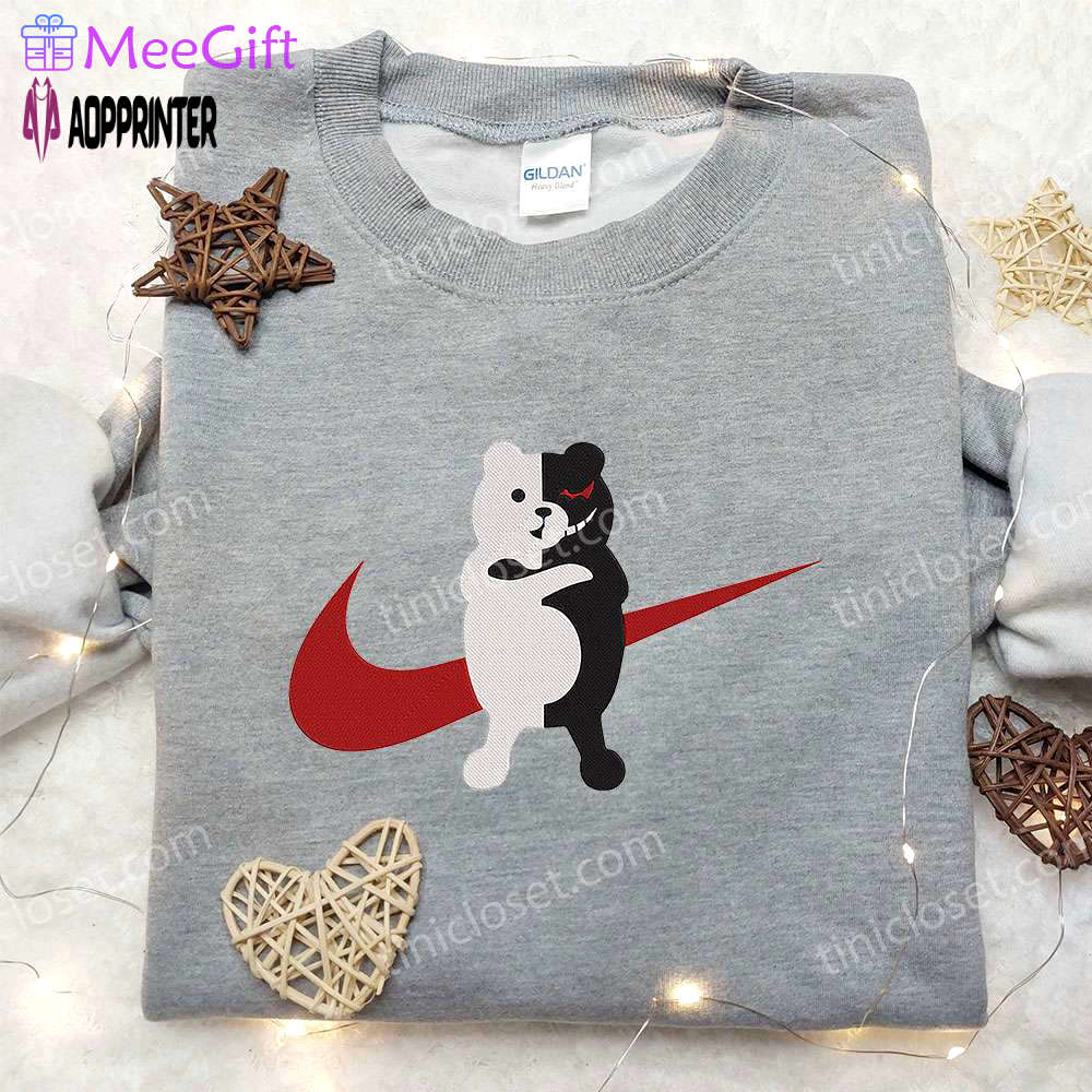 Monokuma x nike swoosh anime hoodie: danganronpa embroidered shirt & nike inspired tee Embroidered Shirt