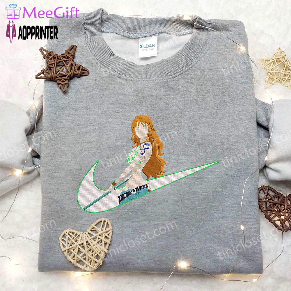 Nami x nike swoosh anime hoodie: one piece & nike inspired embroidered shirt Embroidered Shirt