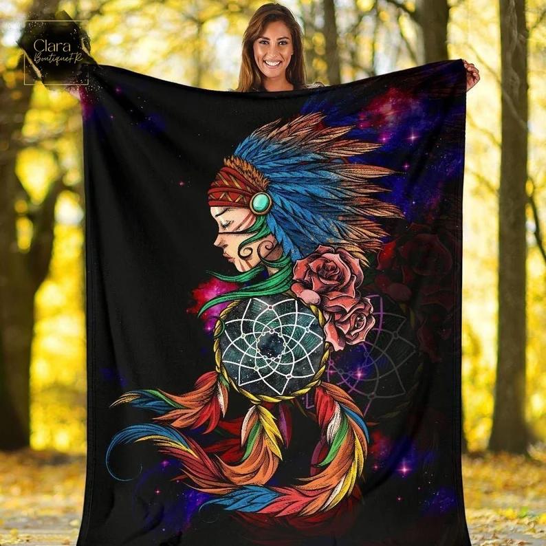 Native american native girl feather headdress dreamcatcher galaxy fleece blanket, mink sherpa blanket, native american quilt Quilt Blanket