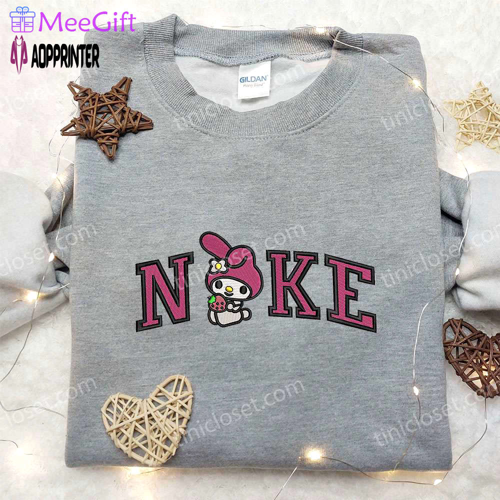Nike inspired embroidered shirt: my melody x hello kitty cartoon design Embroidered Shirt