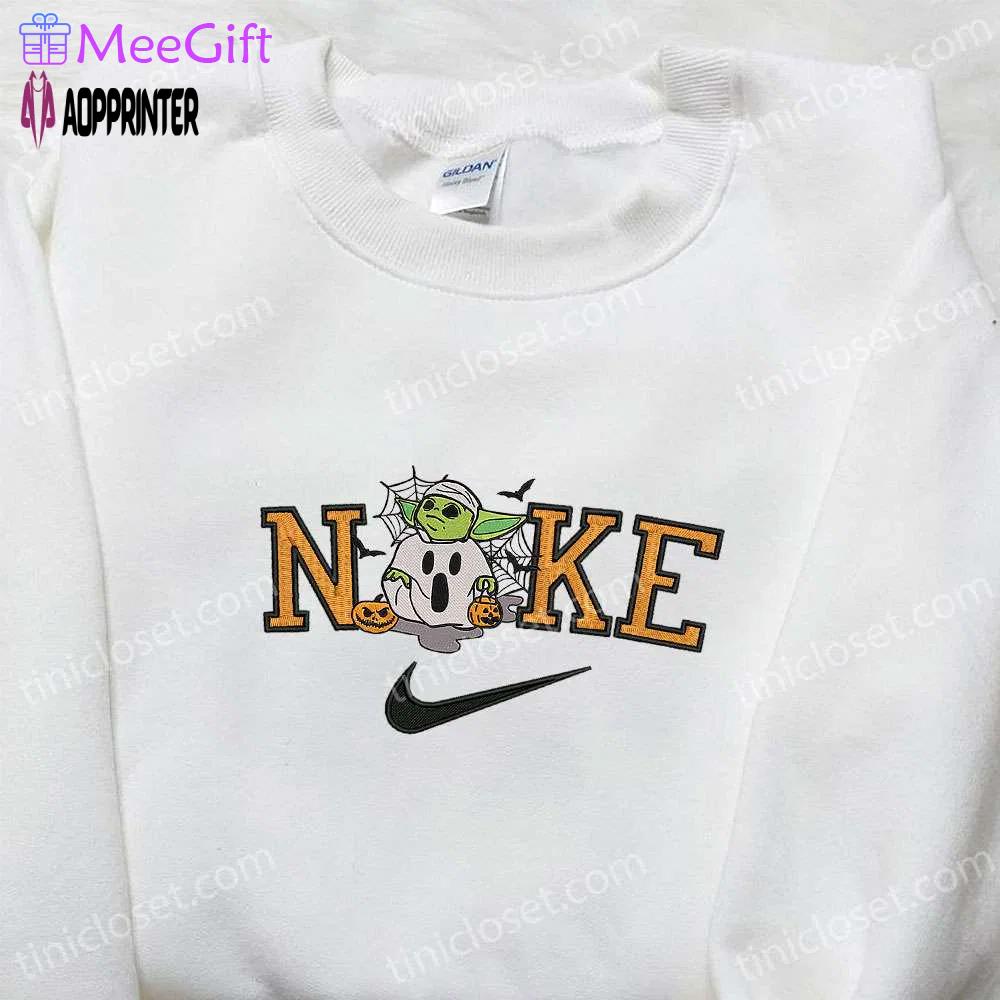 Nike x baby yoda halloween pumpkin embroidered shirt: spooky nike inspired halloween shirt Embroidered Shirt