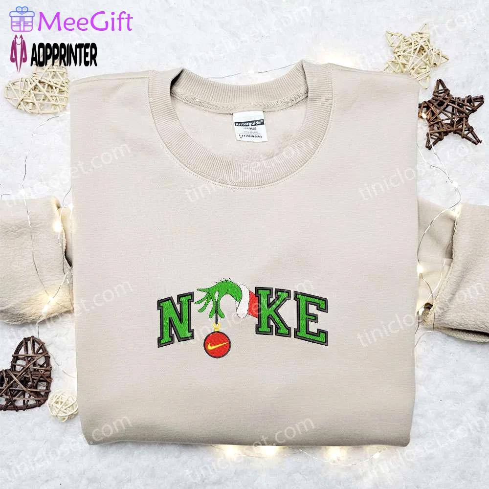 Nike x grinch hand embroidered sweatshirt disney embroidered shirt nike inspired t-shirt Embroidered Shirt