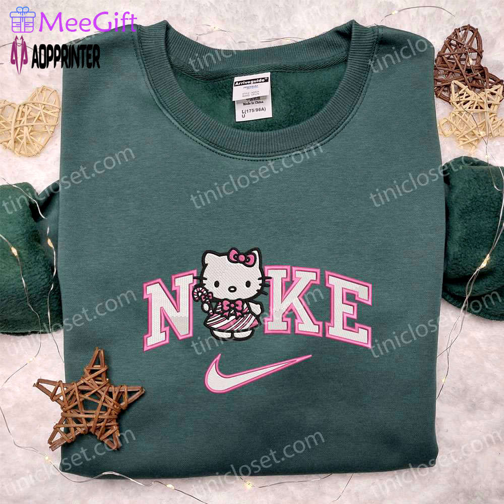 Nike x hello kitty pink candy cane shirt & hoodie: cartoon embroidery for christmas gift ideas Embroidered Shirt