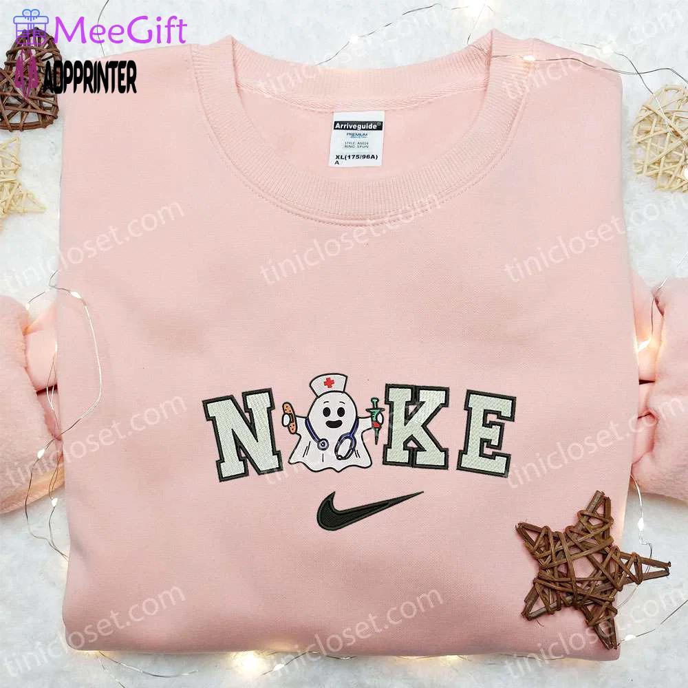Nike x nurse ghost embroidered shirt: cute halloween gift for halloween lovers Embroidered Shirt