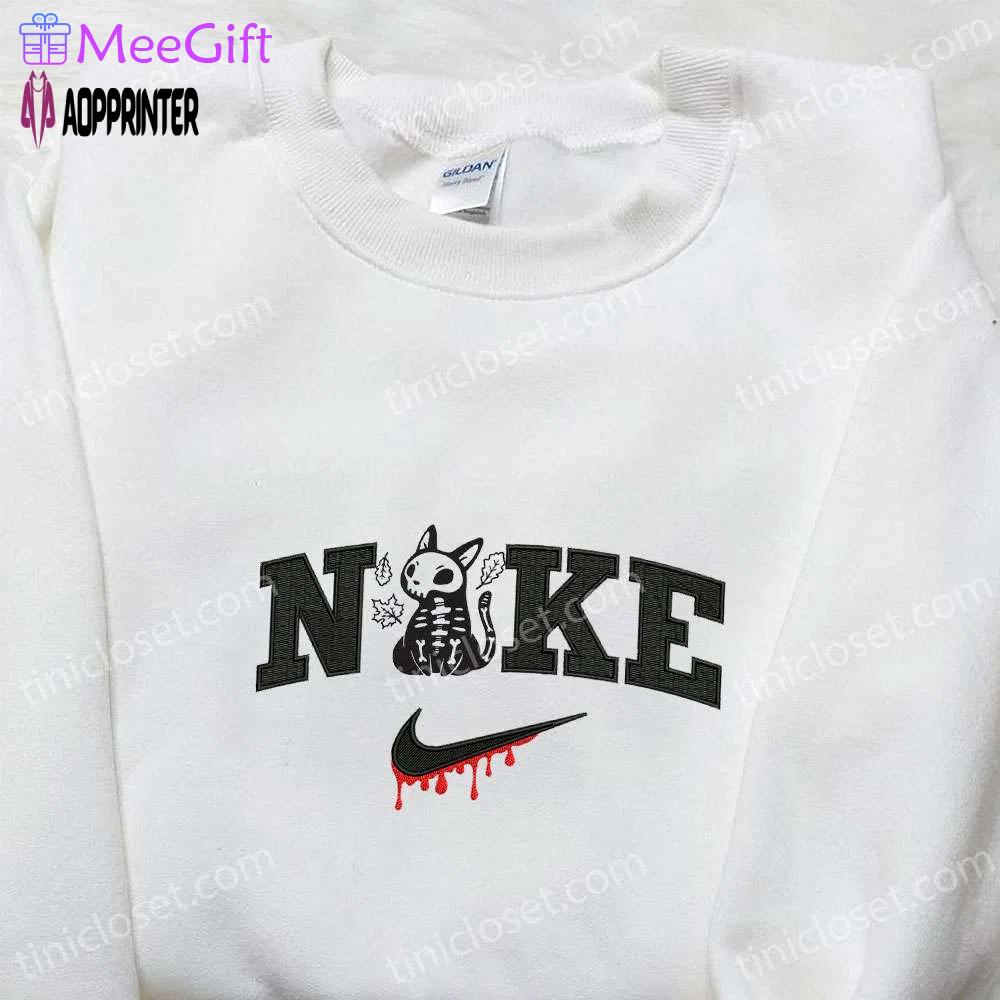 Nike x skeleton cat shirt: spooky halloween gift for nike lovers Embroidered Shirt