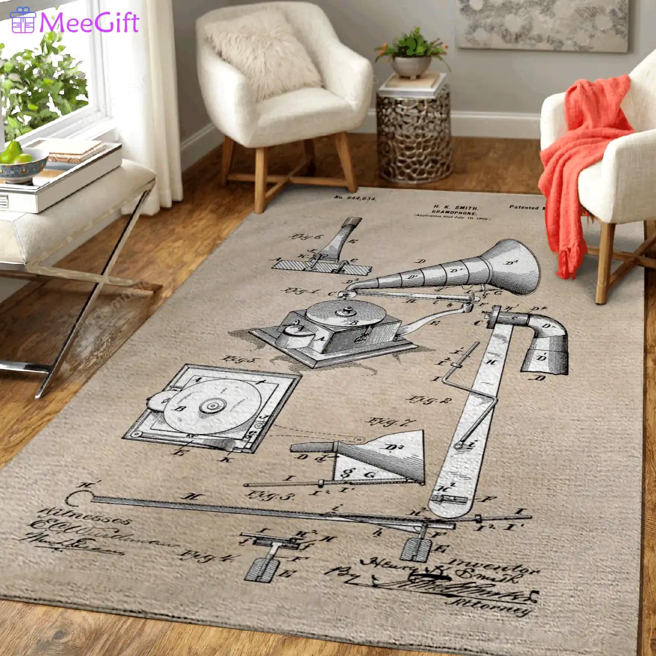 Patent art smith 1900 gramophone patent music art for fans area rug living room carpet rug regtangle carpet floor decor home decor Rectangle Rug