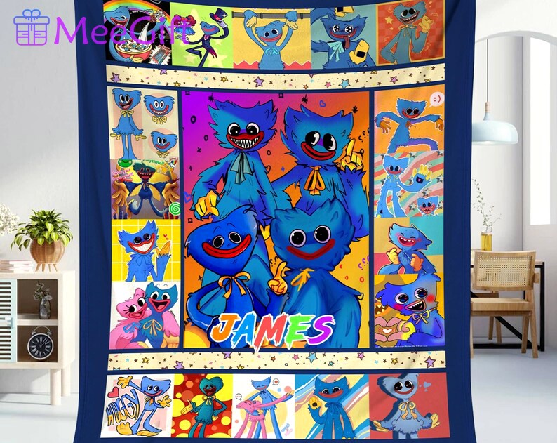Personalized huggy wuggy poppy playtime fleece blanket, huggy wuggy throw blanket for couch sofa, kissy missy blanket Quilt Blanket
