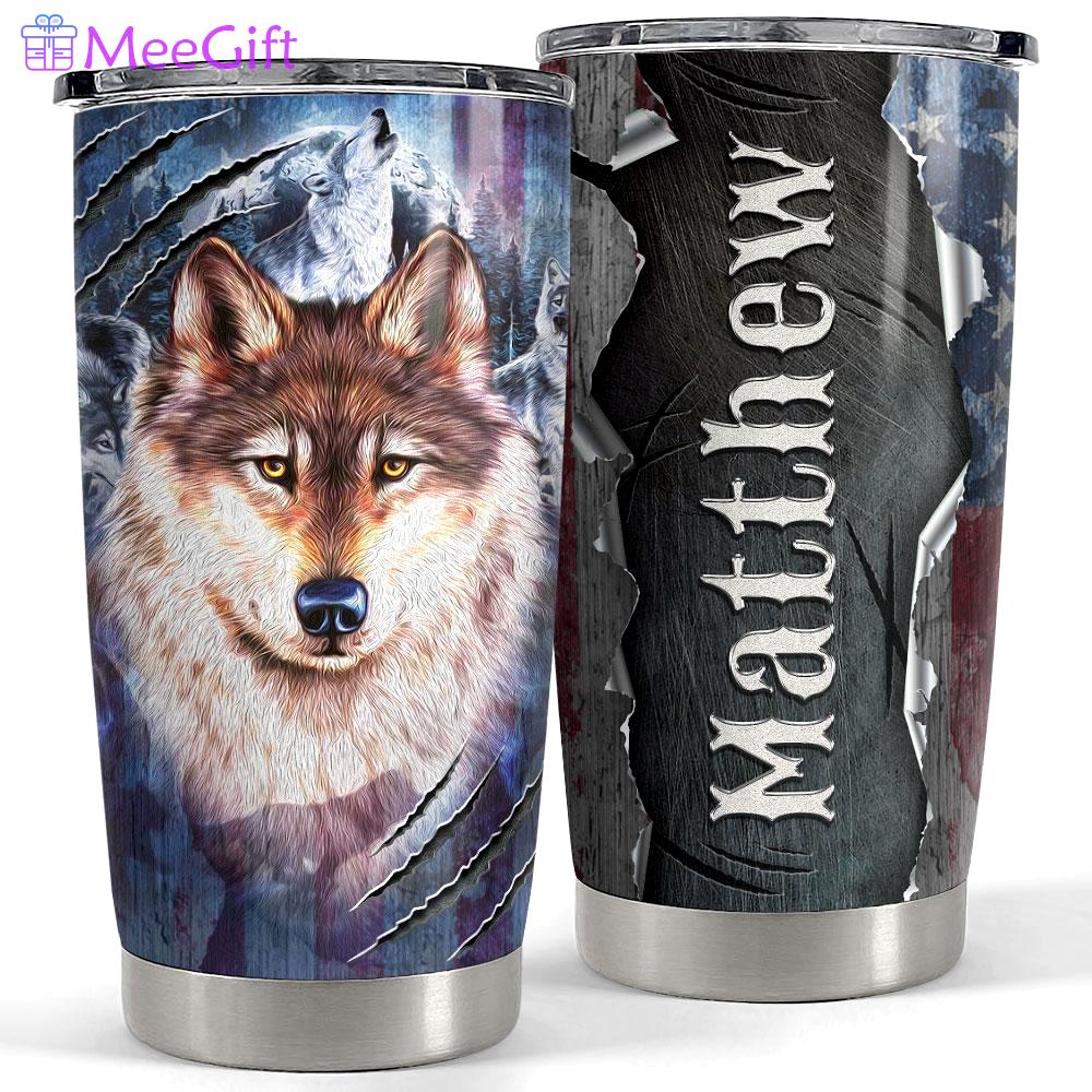 Personalized wolf tumbler us flag metallic style Personalized Tumbler