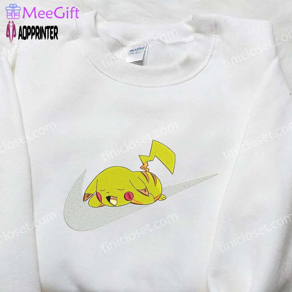 Pikachu sleep x nike swoosh sweatshirt: pokemon & nike inspired embroidered shirt Embroidered Shirt