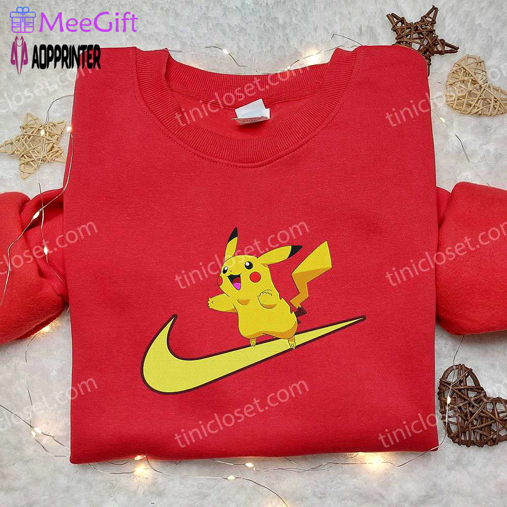 Pikachu x nike swoosh anime hoodie & embroidered shirts – pokemon & nike inspired apparel Embroidered Shirt
