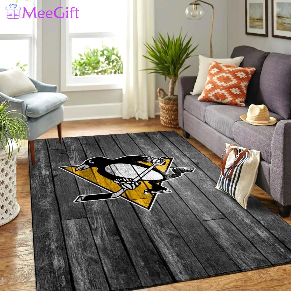 Pittsburgh penguins nhl team logo grey rugs wooden style living room carpet Rectangle Rug