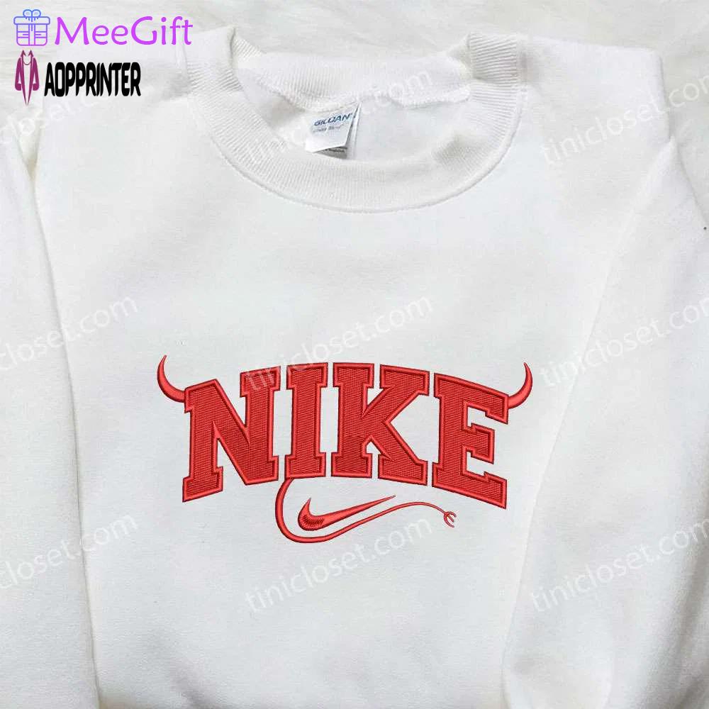 Red devil x nike embroidered shirt: spooky halloween custom design Embroidered Shirt