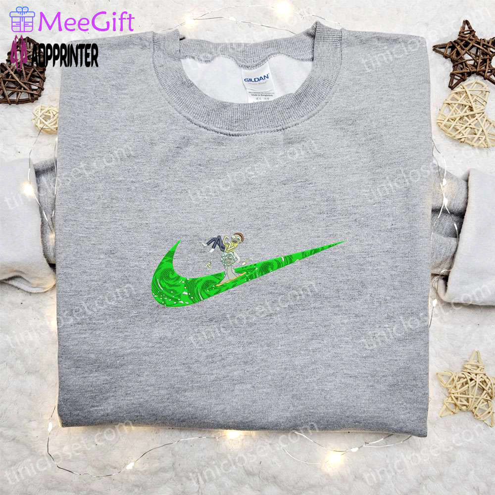 Rick and morty x swoosh cartoon embroidered shirt – nike inspired sweatshirt & custom hoodie Embroidered Shirt