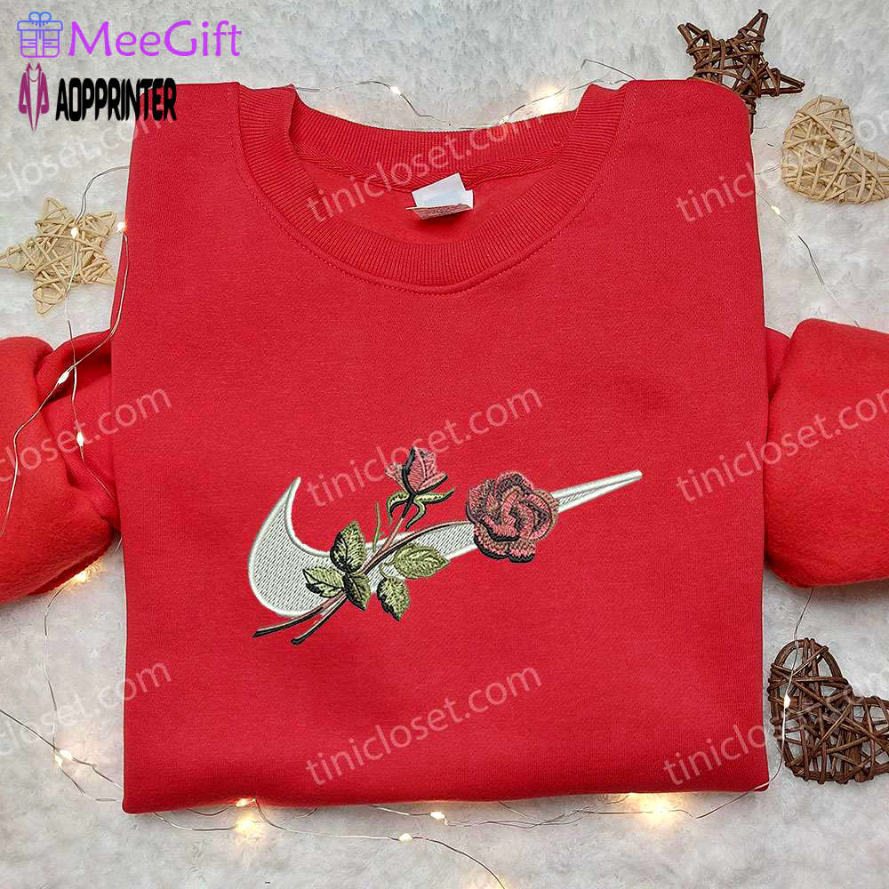 Rose x nike swoosh embroidered sweatshirt: flower shirt nike inspired design Embroidered Shirt