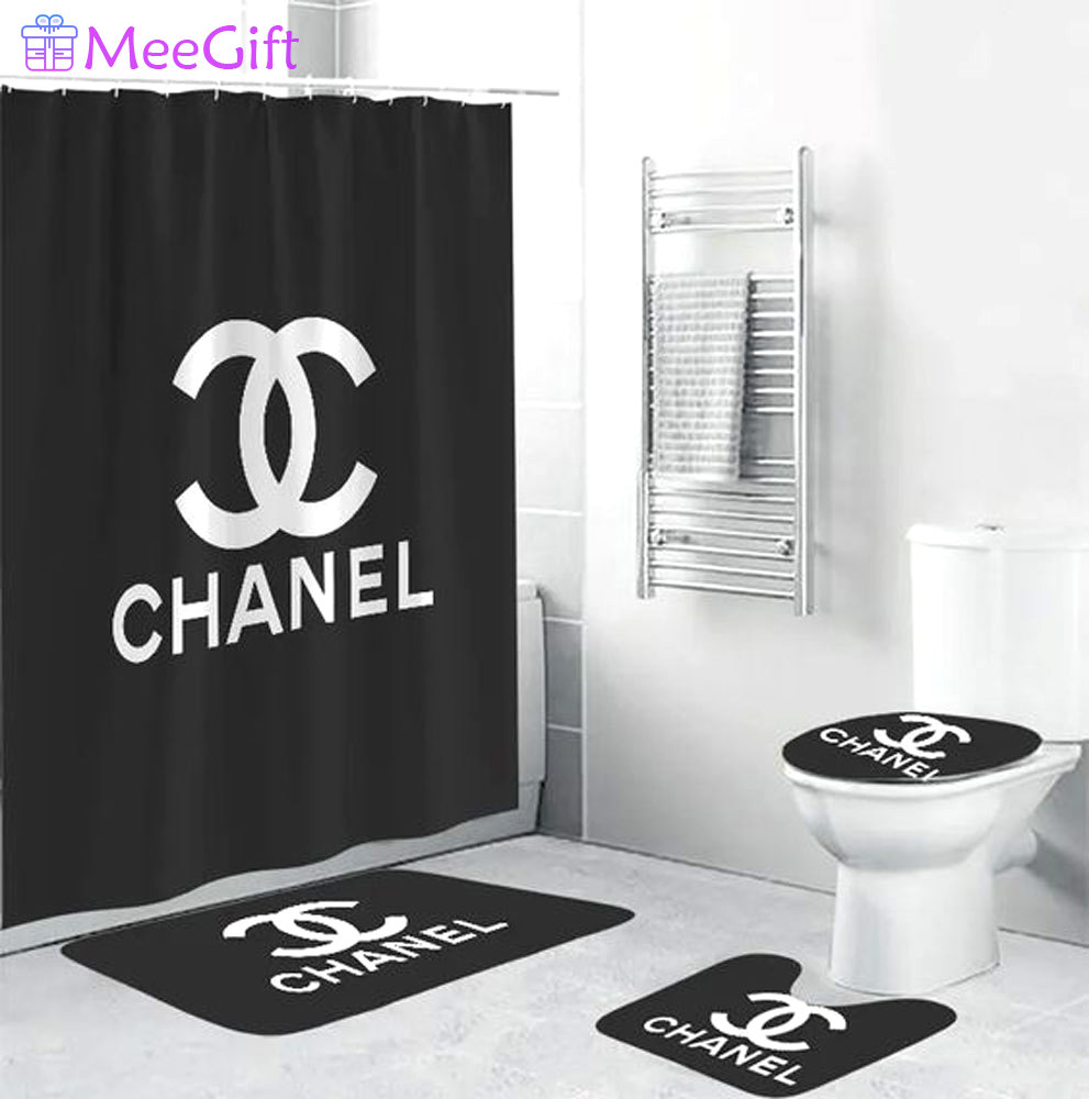 Rugs in living room and bedroom - Chanel black bathroom set hot 2023 luxury shower curtain bath rug mat home decor 252 Bathroom Accessory Sets