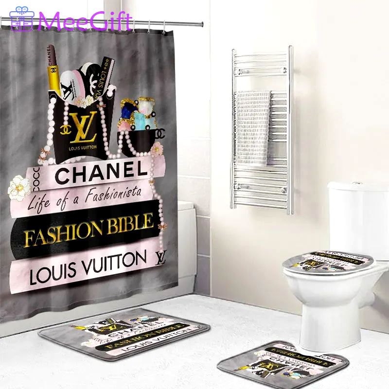 Rugs in living room and bedroom - Chanel louis vuitton fashion bathroom set hot 2023 luxury shower curtain bath rug mat home decor 328 Bathroom Accessory Sets