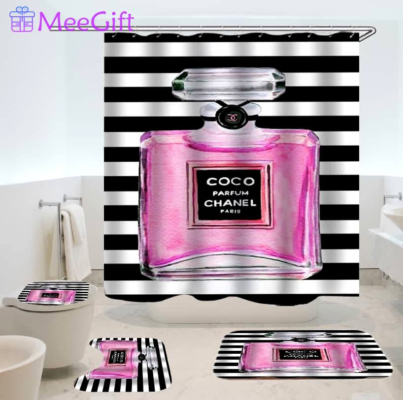 Rugs in living room and bedroom - Chanel perfume bathroom set hot 2023 luxury shower curtain bath rug mat home decor 147 Bathroom Accessory Sets