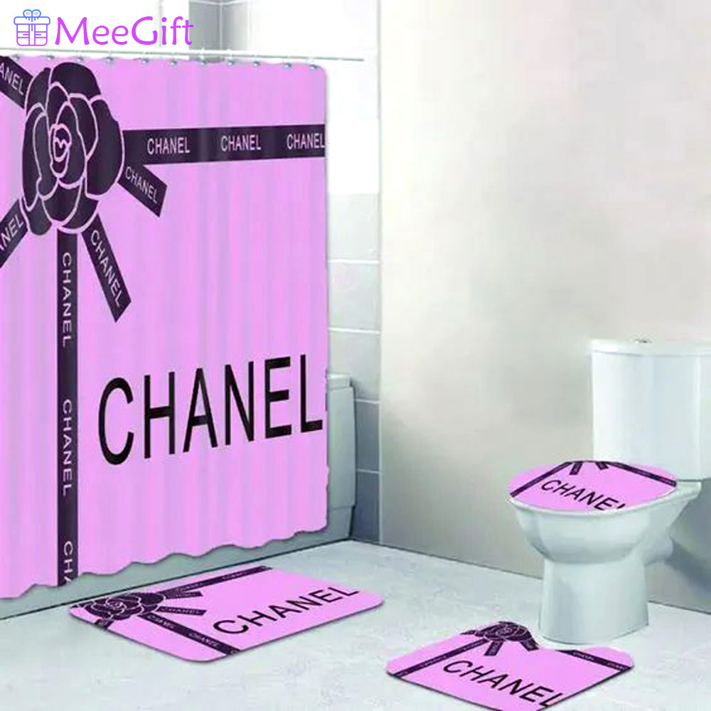 Rugs in living room and bedroom - Chanel purple bathroom set hot 2023 luxury shower curtain bath rug mat home decor 266 Bathroom Accessory Sets