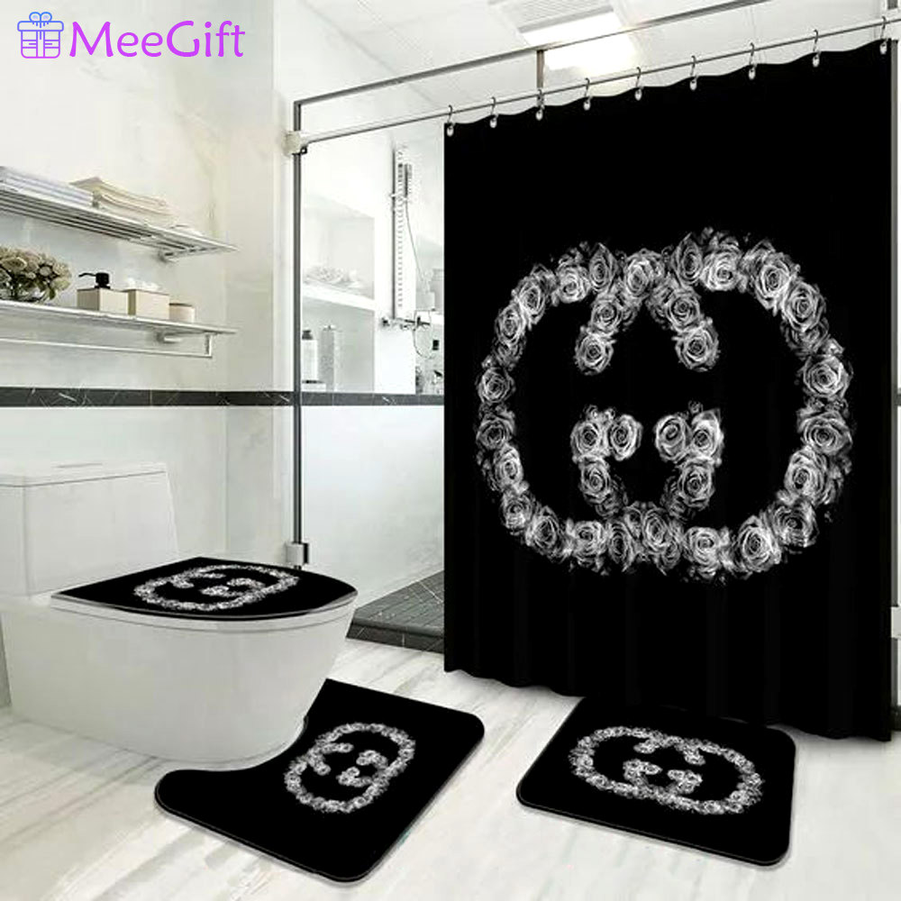 Rugs in living room and bedroom - Gucci black flower bathroom set hot 2023 luxury shower curtain bath rug mat home decor 209 Bathroom Accessory Sets