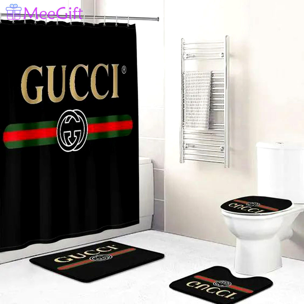 Rugs in living room and bedroom - Gucci black stripe bathroom set hot 2023 luxury shower curtain bath rug mat home decor 231 Bathroom Accessory Sets