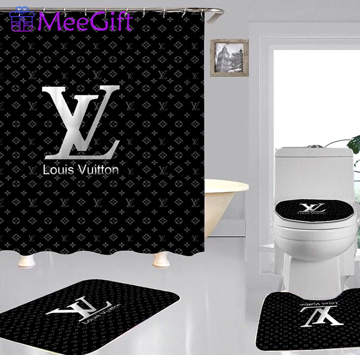 Rugs in living room and bedroom - Louis vuitton lv black bathroom set hot 2023 luxury shower curtain bath rug mat home decor 307 Bathroom Accessory Sets