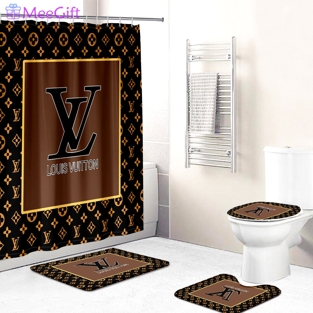Rugs in living room and bedroom - Louis vuitton lv brown bathroom set hot 2023 luxury shower curtain bath rug mat home decor 135 Bathroom Accessory Sets